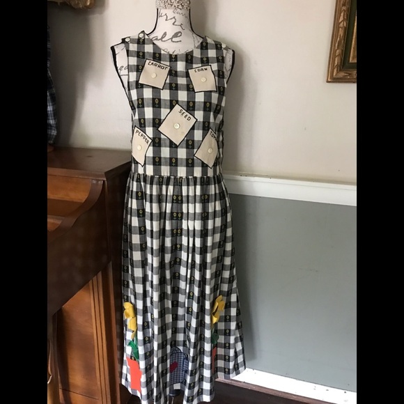 Rare Vintage Handmade Sunflower Tea Pot Cotton Gingham Calico Embroidered Dress - Picture 2 of 14